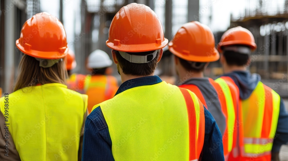 Construction Crew Inspecting Site with Safety Gear Construction Crew Inspecting Site with Safety Gear