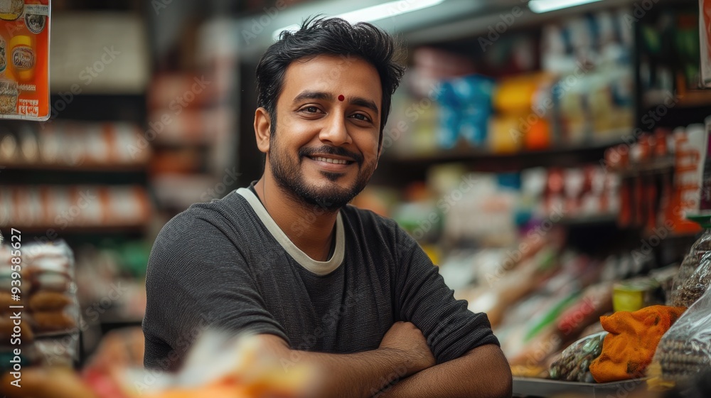 Cheerful Indian Grocery Shop Owner at Checkout Cheerful Indian Grocery Shop Owner at Checkout
