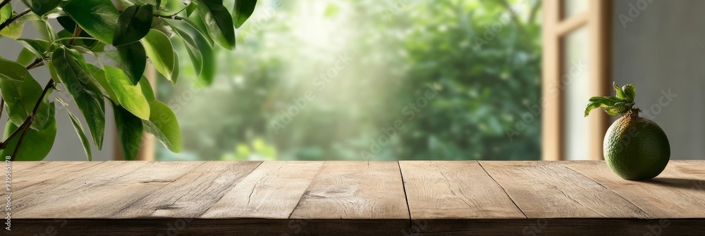 A rustic wooden tabletop with a blurred green garden background, perfect for showcasing products or creating a natural and inviting scene. The warm sunlight streaming through the window adds a touch o A rustic wooden tabletop with a blurred green garden background, perfect for showcasing products or creating a natural and inviting scene. The warm sunlight streaming through the window adds a touch o