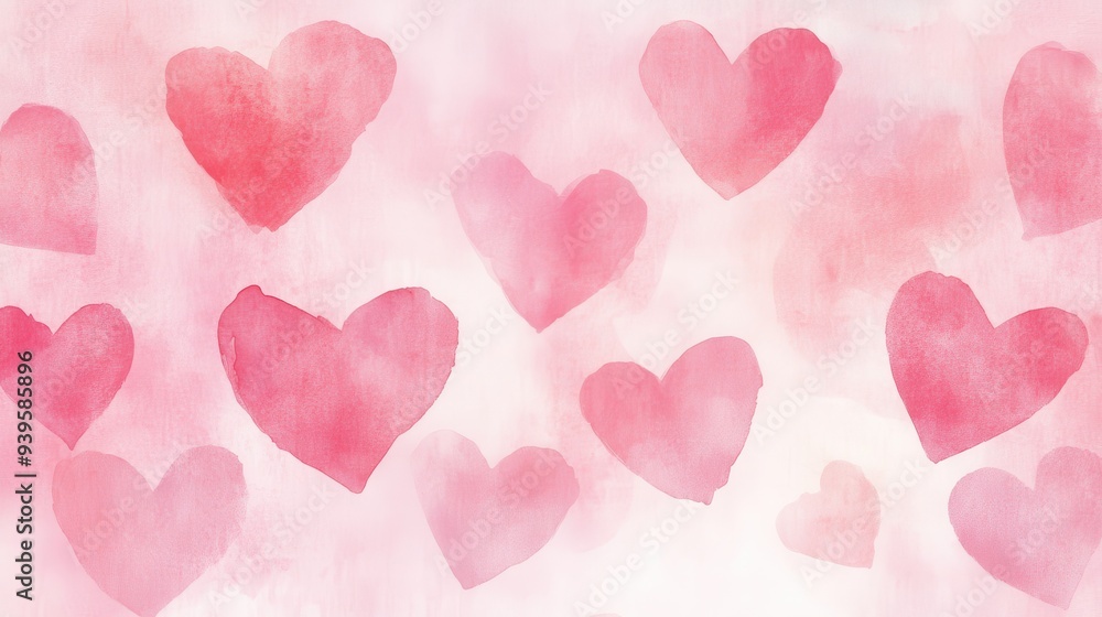 A soft watercolor background featuring various pink hearts, ideal for romantic themes. A soft watercolor background featuring various pink hearts, ideal for romantic themes.