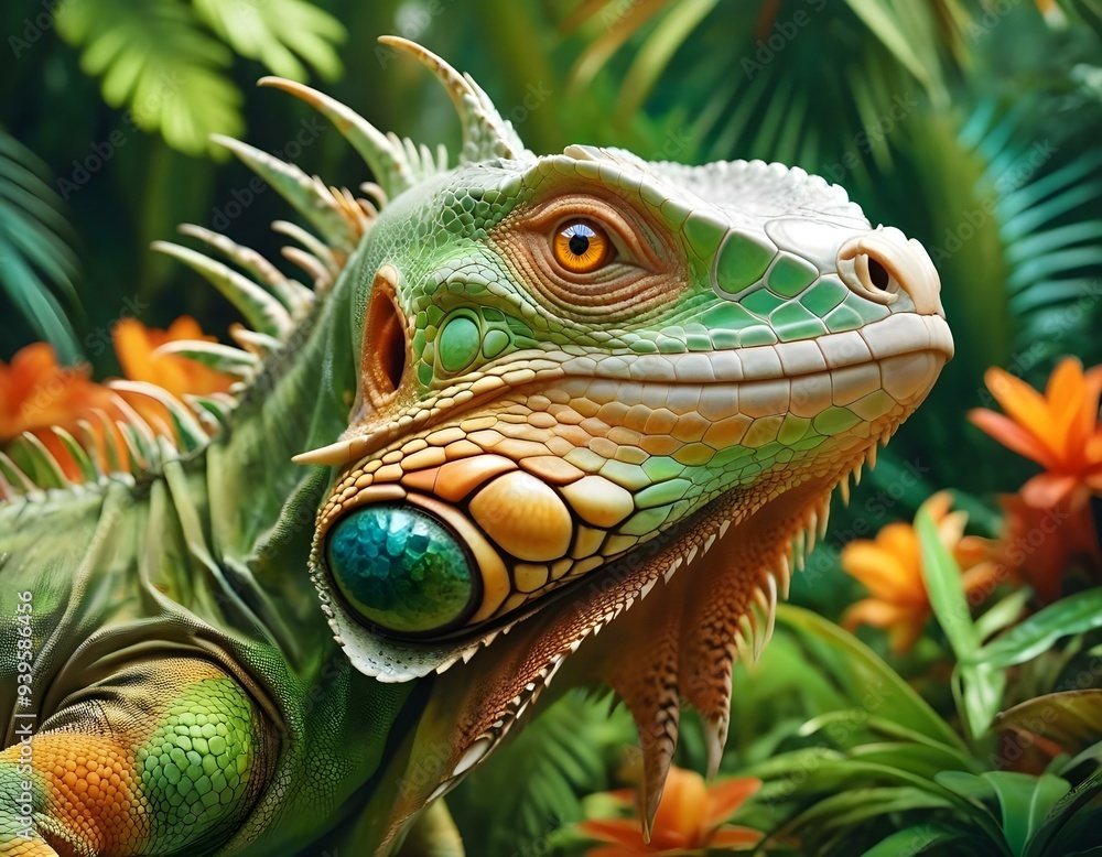 Obraz premium Iguana Green Tropical Reptile in the Jungle Forest Wildlife and Nature
