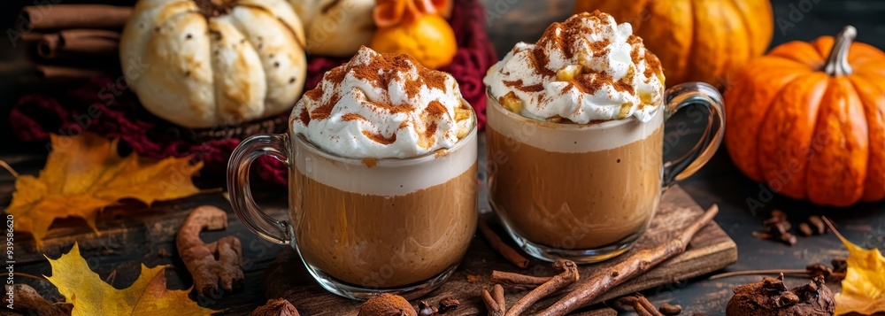 Pumpkin spice latte cup with pumpkins and autumn fall decoration background horizontal composition