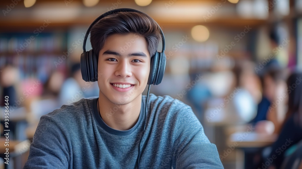 Confident Asian Male Student Enjoying Music in College Class Confident Asian Male Student Enjoying Music in College Class