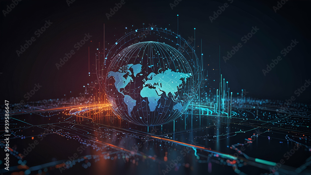Fototapeta premium Big Data & Wireless Info Flow. 3D Data Portal, Global Cyberspace, High Tech & Free Internet Concept.