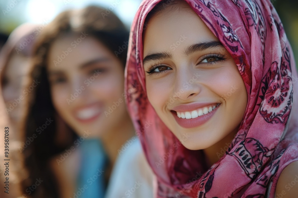 Young multiracial group of people having fun outdoor - Focus on arabian girl face, Generative AI Young multiracial group of people having fun outdoor - Focus on arabian girl face, Generative AI