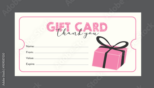 Gift card shopping, store voucher, ticket template, simple pink card with pink gift box for sale, anniversary, event and discount, coupon