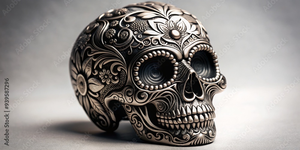 Ornate Silver Skull, Day of the Dead, Sugar Skull, Mexican Art, Memento Mori Ornate Silver Skull, Day of the Dead, Sugar Skull, Mexican Art, Memento Mori