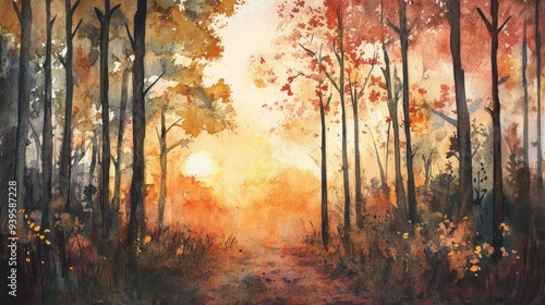 A serene watercolor painting depicting a sun-drenched forest path leading into a grove of trees with vibrant autumn foliage. The warm colors evoke feelings of tranquility, peace, and the beauty of nat