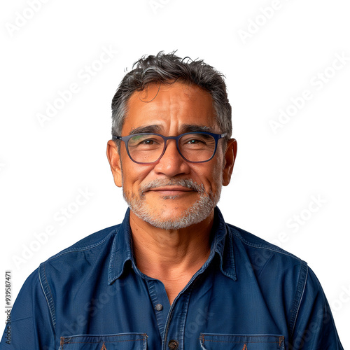 Librarian man isolated on white or transparent background. Male librarian of European appearance in a blue shirt close-up.