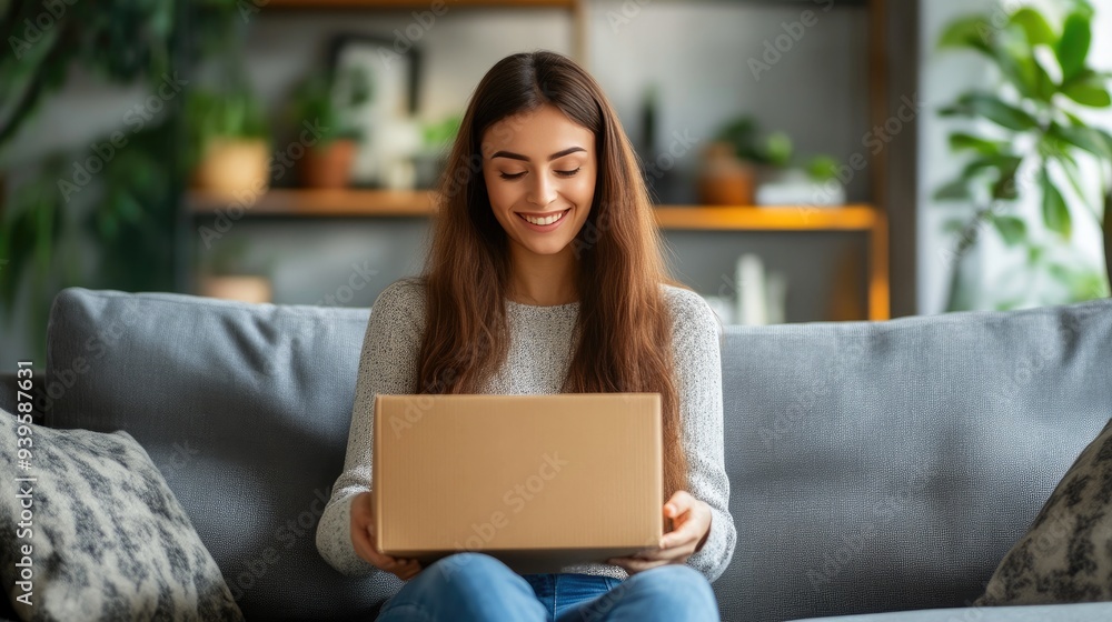 Happy Woman Revealing New Online Orders in Comfortable Space Happy Woman Revealing New Online Orders in Comfortable Space