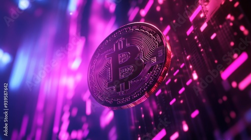 A single Bitcoin coin, in a metallic gold finish, falls through a vibrant neon-lit digital landscape. It represents the volatility and excitement of the cryptocurrency market. The neon lights symbol