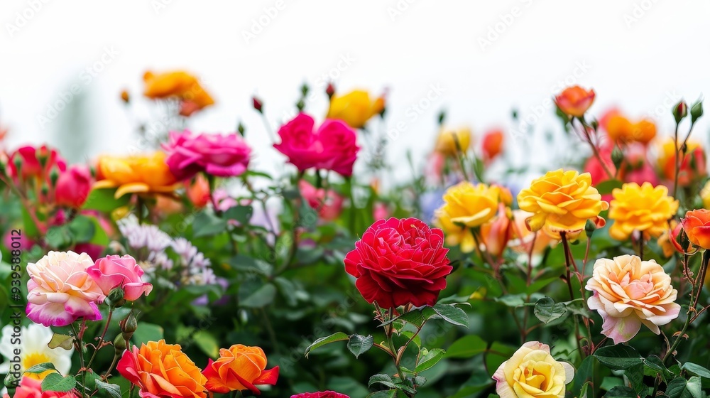 Red colorful rose bushes flowers isolated on white background horizontal composition