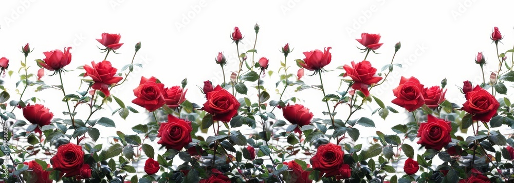 Red colorful rose bushes flowers isolated on white background horizontal composition Red colorful rose bushes flowers isolated on white background horizontal composition