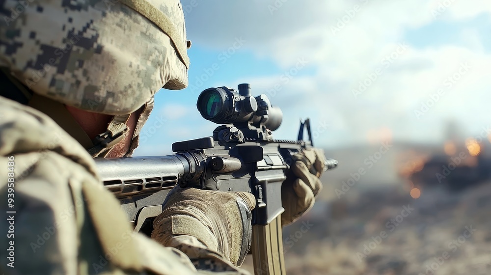 A soldier in camouflage gear aims a rifle with a scope, focused on a target in the distance. The image captures the intensity and focus required during military operations, symbolizing bravery, duty, A soldier in camouflage gear aims a rifle with a scope, focused on a target in the distance. The image captures the intensity and focus required during military operations, symbolizing bravery, duty,