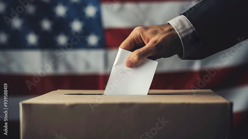 Election Concept, Voter holds envelope in hand above vote ballot on USA flag background. photo