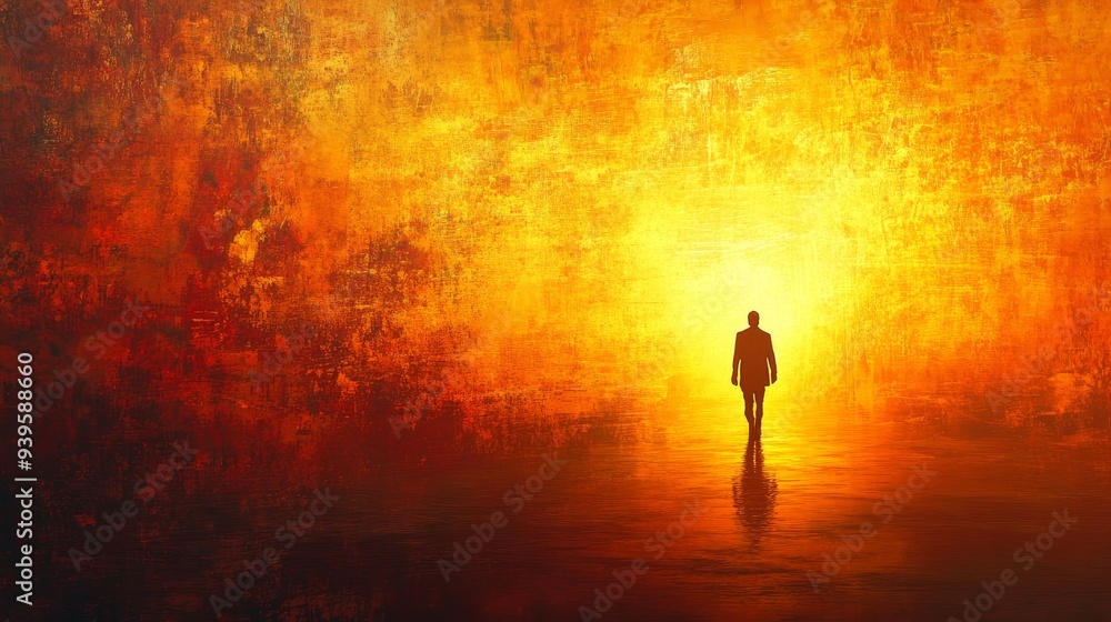 A solitary figure walks towards a warm, glowing light in the distance. This symbolizes hope, faith, a new beginning, a journey, and the unknown. A solitary figure walks towards a warm, glowing light in the distance. This symbolizes hope, faith, a new beginning, a journey, and the unknown.