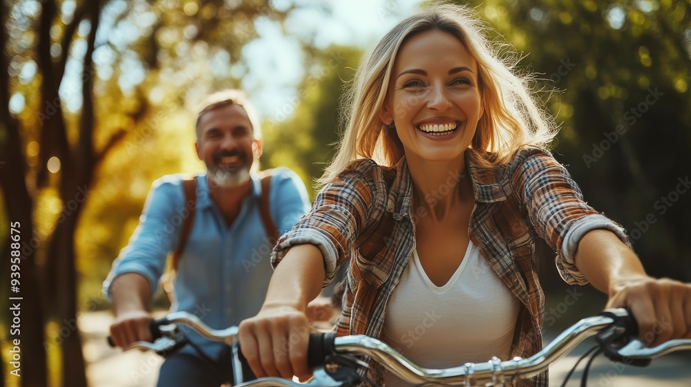 Obraz premium Romantic Couple Riding Bicycles Under Blue Sky