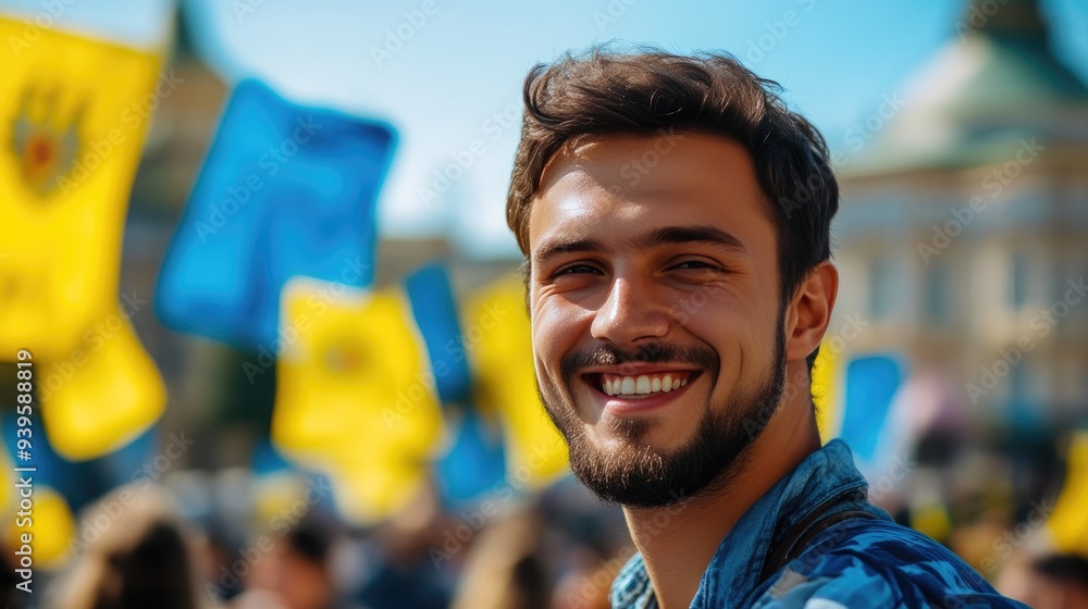 Naklejka premium Cheerful Ukrainian Man Smiling with Flags