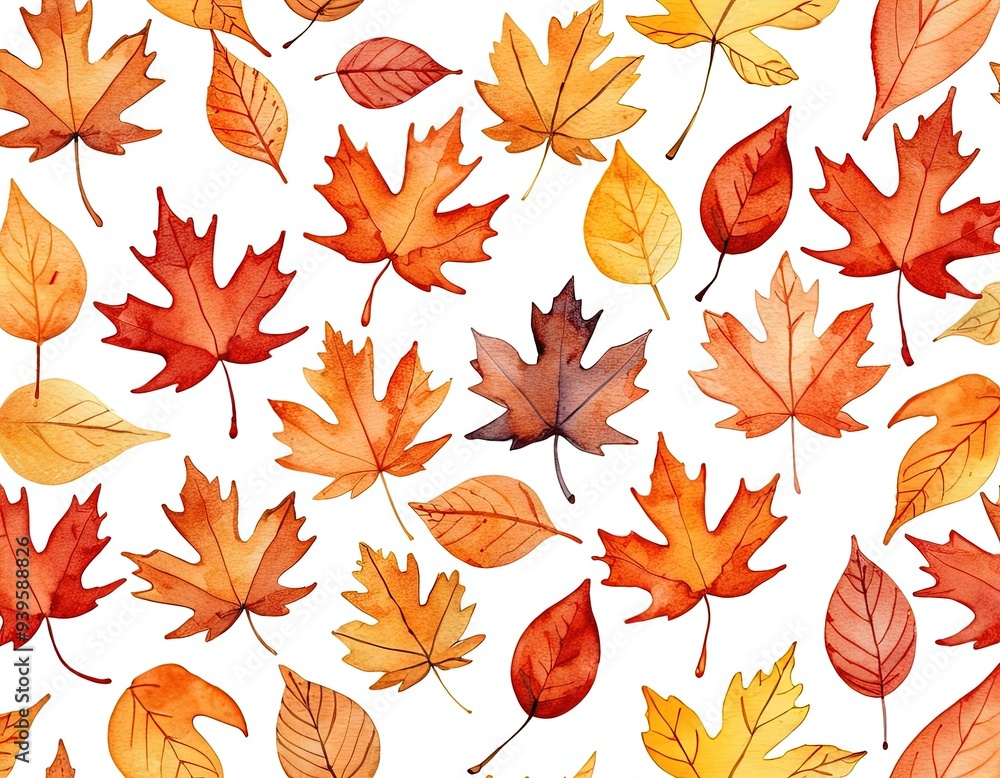 Obraz premium Watercolor illustration of autumn leaves in various shades of orange, yellow, and red, isolated on a white background.