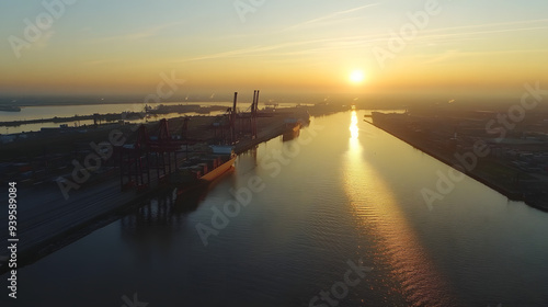 Wallpaper Mural Tranquil dawn break at the harbor, ships at dock and cranes busy loading containers, symbolizing the start of a new day in global trade. Torontodigital.ca