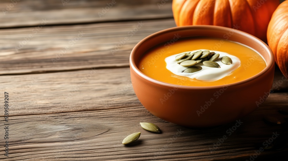 Warm bowl of pumpkin soup topped with cream and pumpkin seeds on a rustic wooden table, perfect for autumn. Warm bowl of pumpkin soup topped with cream and pumpkin seeds on a rustic wooden table, perfect for autumn.