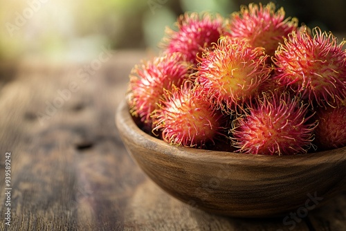 A bowl of red rambutans sits on a wooden table photo