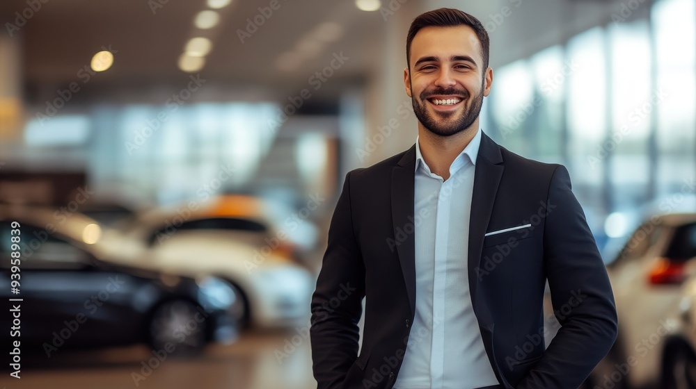 Professional Car Salesman Posing with Dealership Vehicles Professional Car Salesman Posing with Dealership Vehicles