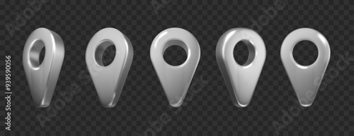 Silver map pointer. Location symbol isolated on dark. Web location point, pointer. Vector realistic