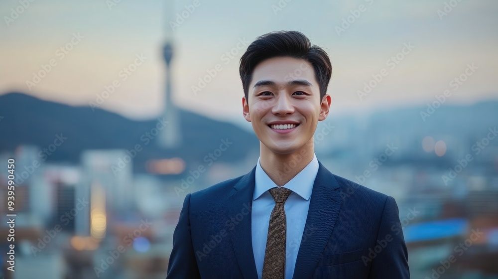 Cheerful Asian Man in Suit with Namsan Tower and Urban Seoul View Cheerful Asian Man in Suit with Namsan Tower and Urban Seoul View