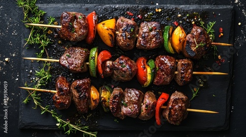 A top view of three skewers of grilled kebabs, featuring juicy meat and colorful bell peppers and zucchini. The kebabs are arranged on a black slate surface, with fresh herbs sprinkled around them. photo