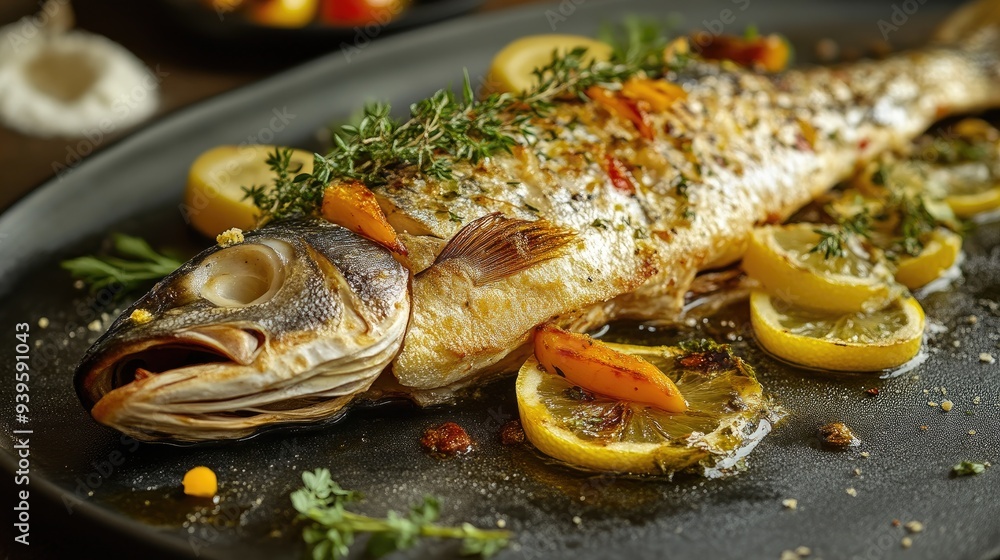 Deliciously Roasted Fish with Lemon Slices and Herbs