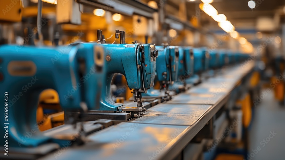 Modern Textile Factory with Sewing Machines at Work Modern Textile Factory with Sewing Machines at Work