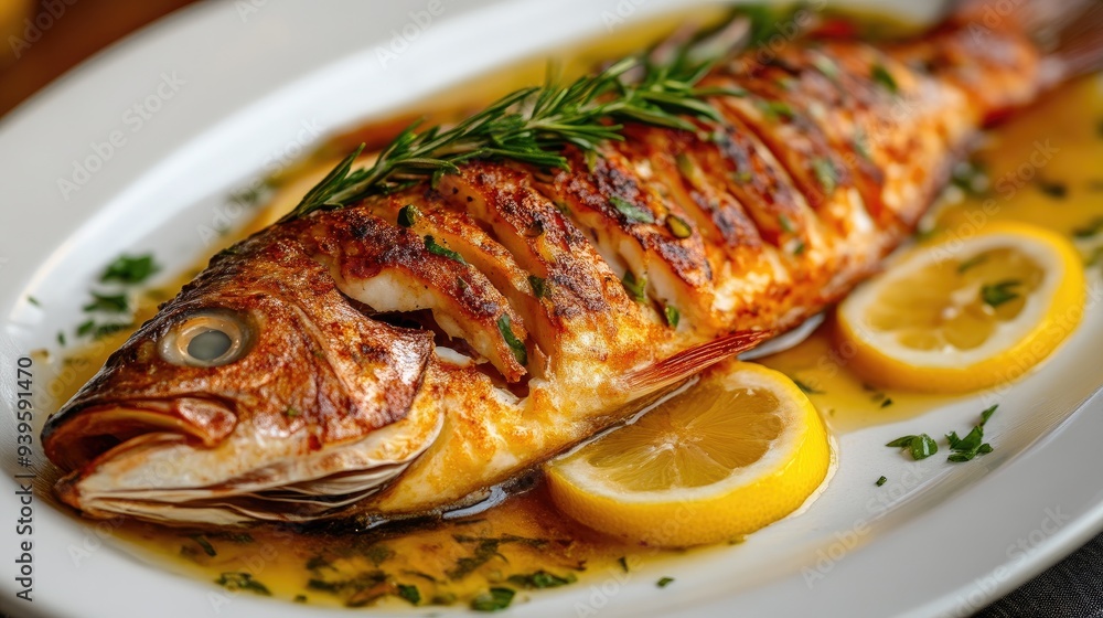 Sumptuous Roasted Fish Displayed with Lemon and Herb Garnish Sumptuous Roasted Fish Displayed with Lemon and Herb Garnish