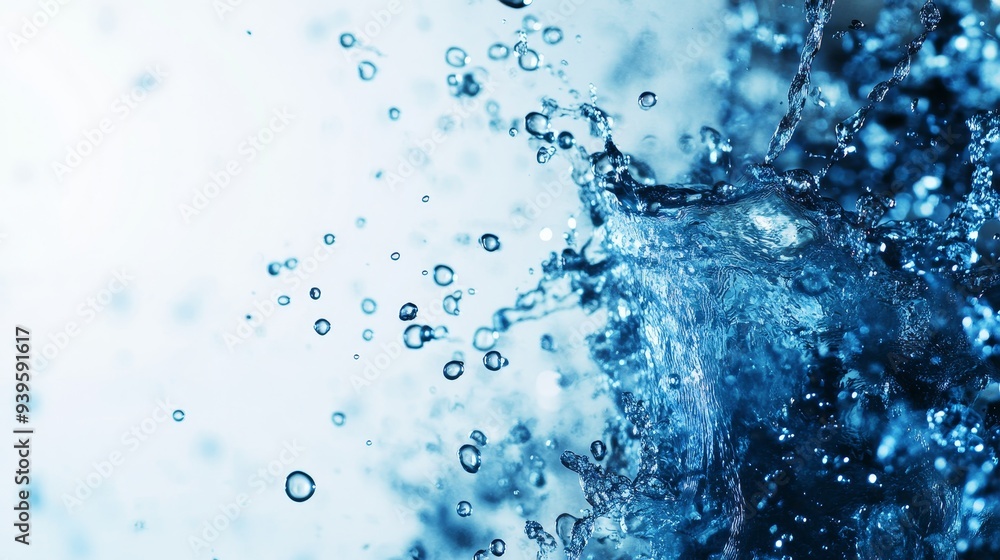 A vibrant blue water splash with air bubbles, creating a dynamic and refreshing image. The splash symbolizes purity, energy, and the power of nature, while the white background emphasizes the clarity A vibrant blue water splash with air bubbles, creating a dynamic and refreshing image. The splash symbolizes purity, energy, and the power of nature, while the white background emphasizes the clarity