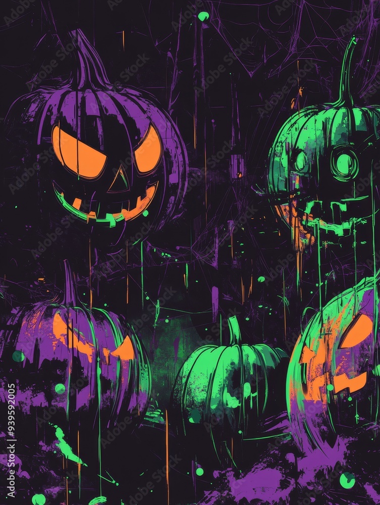 A vibrant Halloween scene featuring four glowing pumpkins with eerie smiles, set against a dark forest backdrop. The pumpkins are outlined in neon green and orange, creating a spooky and eye-catching A vibrant Halloween scene featuring four glowing pumpkins with eerie smiles, set against a dark forest backdrop. The pumpkins are outlined in neon green and orange, creating a spooky and eye-catching