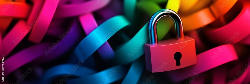 Fototapeta premium A vibrant illustration of a colorful padlock nestled within a swirling mass of colorful ribbons, symbolizing security, protection, privacy, and data safety.