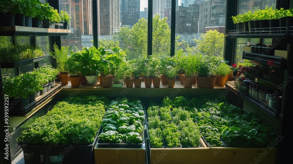 Obraz premium Green Sanctuary Amidst Urban Landscape: Diverse Plant Collection