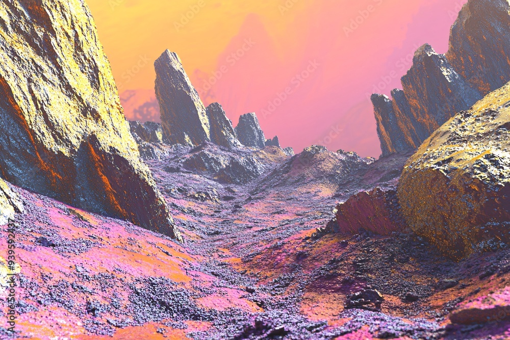 Obraz premium A rocky landscape with a purple hue on space