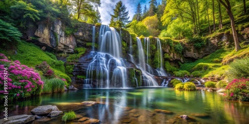 Serene Waterfall Cascade in Lush Forest, Long Exposure, Natural Beauty, Waterfalls, Nature , Forest, Landscape