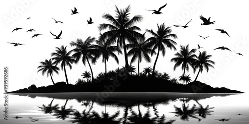 Silhouette of Palm Trees and Birds on a Tropical Island, black and white, palm trees, birds, reflection, tropical island