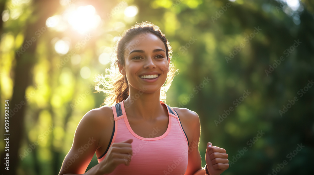 Fototapeta premium Close-up view of a woman running through the park and smiling.