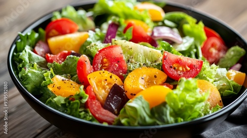 A vibrant salad bursting with fresh ingredients, featuring juicy tomatoes, crisp lettuce, sweet onions, and a sprinkle of herbs. This healthy and delicious salad is perfect for a light lunch or dinner