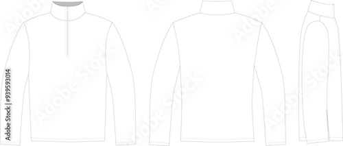 Editable technical fashion sketch for a long-sleeved sweatshirt with a collar and center front half-zip, for apparel design, tech packs, and fashion production. Front, back, and side view.