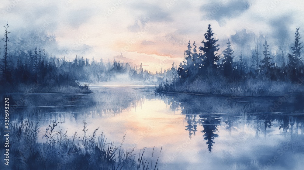 A watercolor painting depicting a serene lake surrounded by a dense forest, with a soft sunset reflecting in the still water. The painting evokes a sense of peace, tranquility, and the beauty of natur A watercolor painting depicting a serene lake surrounded by a dense forest, with a soft sunset reflecting in the still water. The painting evokes a sense of peace, tranquility, and the beauty of natur