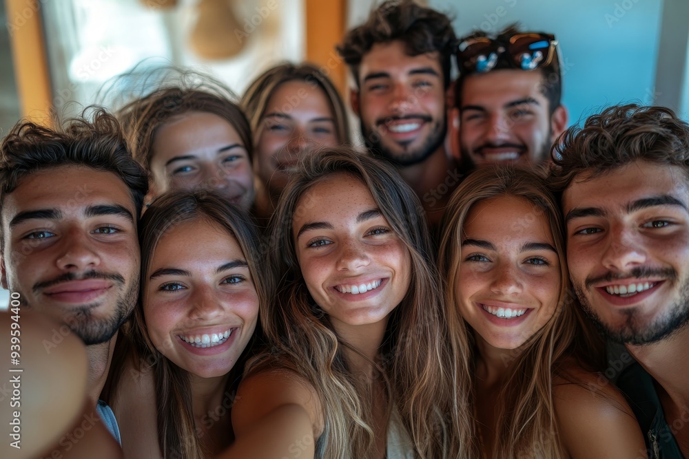Big group of cheerful young friends taking selfie portrait. Happy people looking at the camera smiling. Concept of community, youth lifestyle and, Generative AI Big group of cheerful young friends taking selfie portrait. Happy people looking at the camera smiling. Concept of community, youth lifestyle and, Generative AI