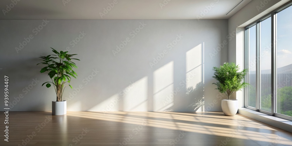 Fototapeta premium Sunlit Room with Plants and Window, minimal, interior design, sunlight, empty room,