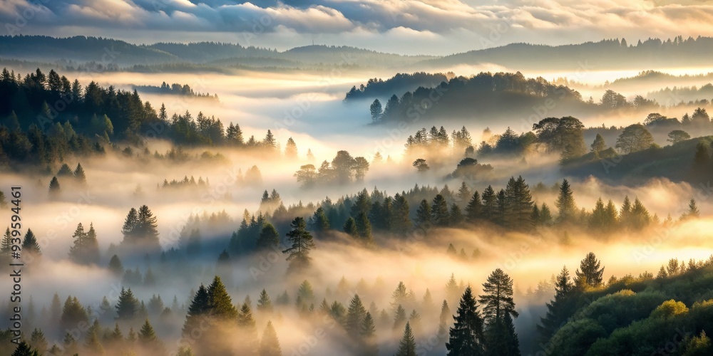 Sunrise Over Foggy Forest, Misty Peaks, Golden Light, Nature, Landscape, Fog, Sunrise