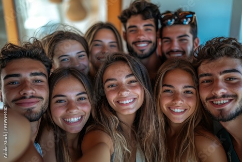 Big group of cheerful young friends taking selfie portrait. Happy people looking at the camera smiling. Concept of community, youth lifestyle and, Generative AI