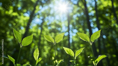 Five delicate saplings, their vibrant green leaves unfurling, reach towards the sun filtering through the canopy of a mature forest. The image symbolizes growth, hope, and the resilience of nature.