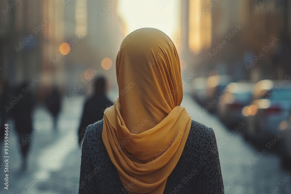 Muslim woman walking in the city, Generative AI Muslim woman walking in the city, Generative AI